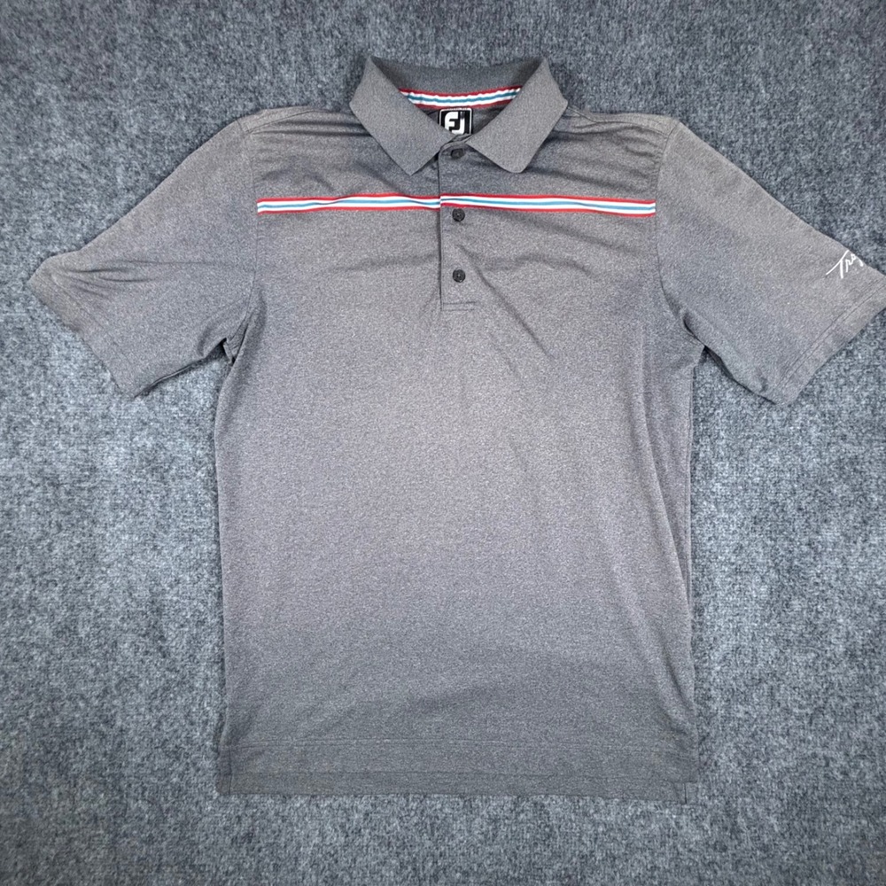 FootJoy Mens Athletic Fit Golf Polo Shirt Gray Tropitone Logo Stripe‎ Medium